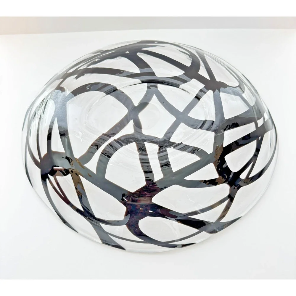 Vintage IKEA Firenze Art Glass Bowl by Martin Bergstrom Handblown Black Swirl